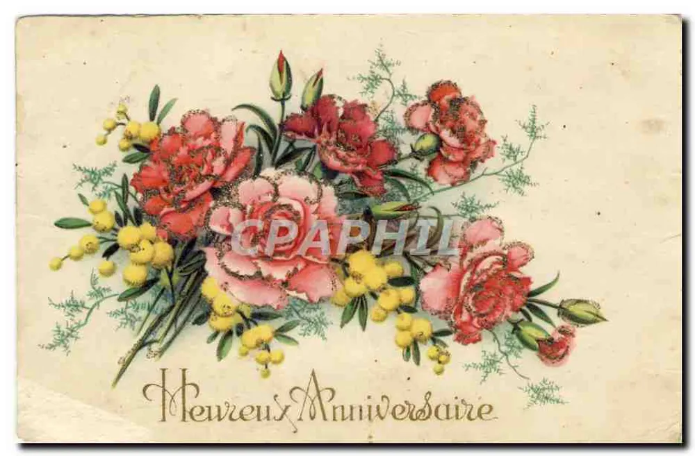 Bouquet de pivoines et de mimosa — Carte d'anniversaire imprimée par CPAPHIL - Frente