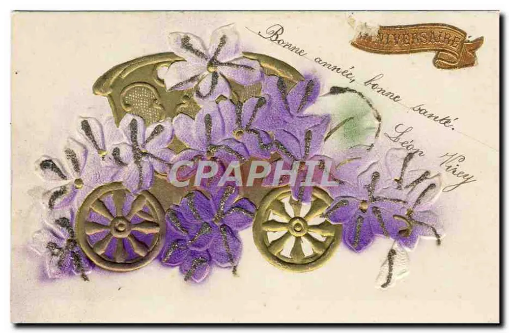 Carroça decorativa — flores violetas e douradas — editor desconhecido - Frente