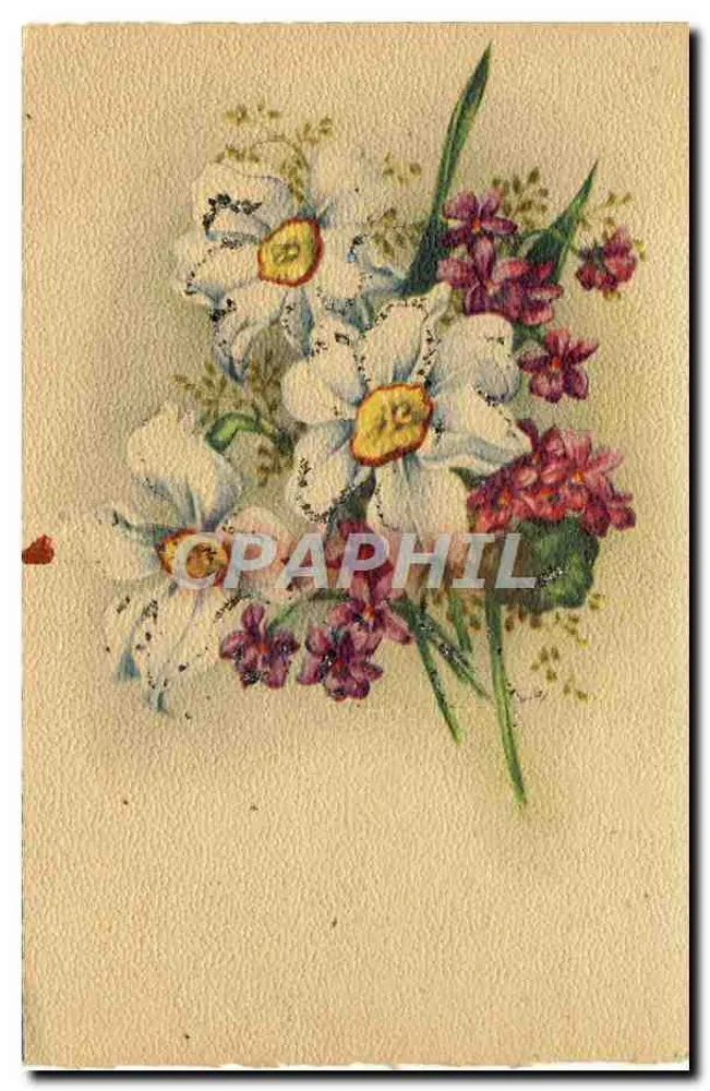 Bouquet de narcisos e flores violetas — ilustração a água - Frente