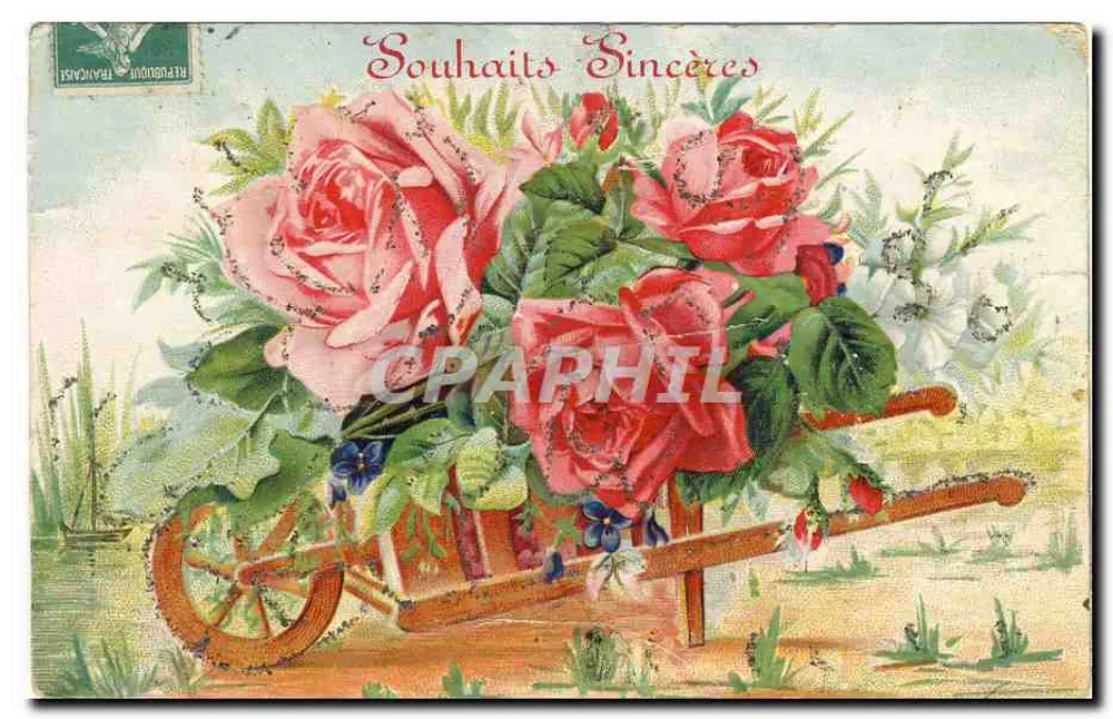 Bouquet de roses — dans un chariot — éditeur TRAVAILLEURS - Frente