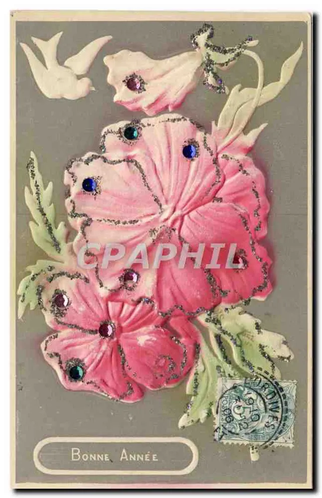 Flores rosas e pássaros — Boa Ano — editor desconhecido - Frente