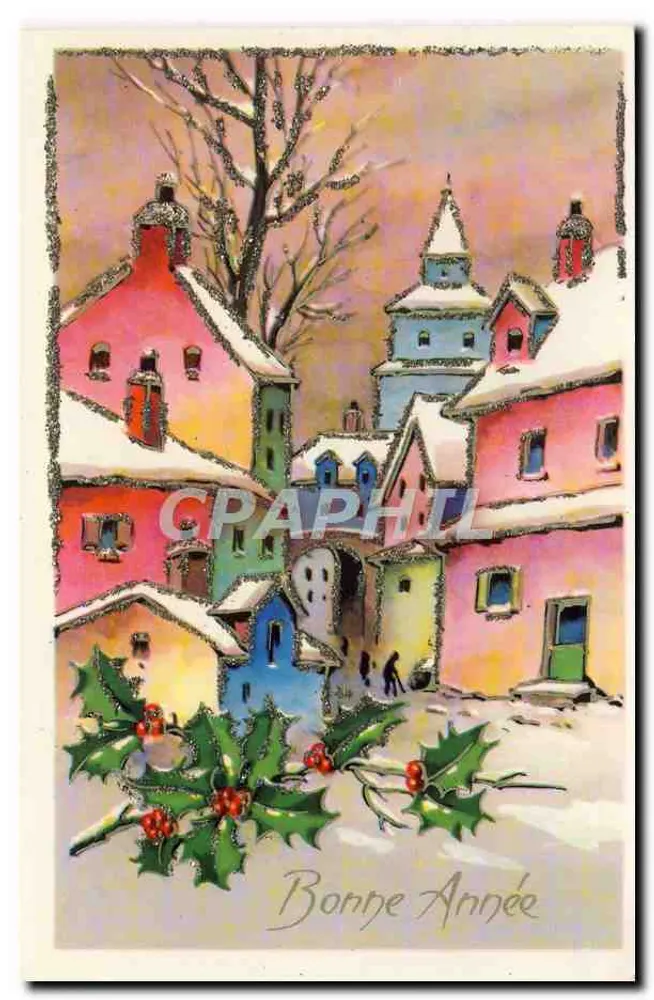 Village enneigé — scène hivernale colorée - Recto