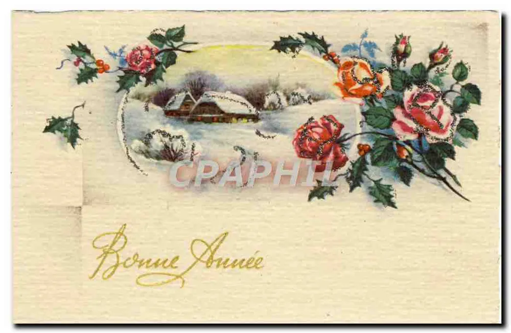 Cena invernal com casa nevada — decoração de rosas e hortência — texto 'Bom Ano' em letras douradas - Frente