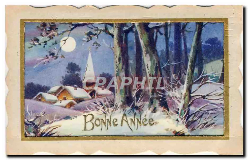Village enneigé sous la lune — éditeur non visible - Recto