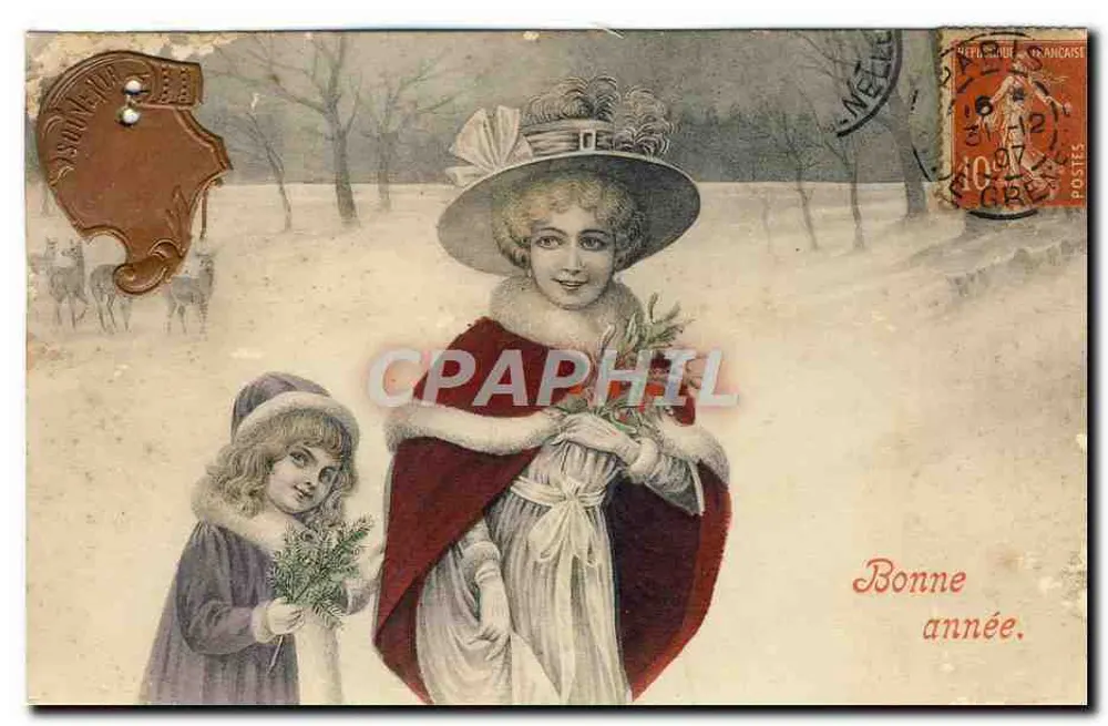 Frau und Kind in einem winterlichen Landschaftsbild — Weihnachtszene mit gedrucktem Text 'Bonne année.' — anonymer Verleger, Seriennummer nicht sichtbar - Vorderseite