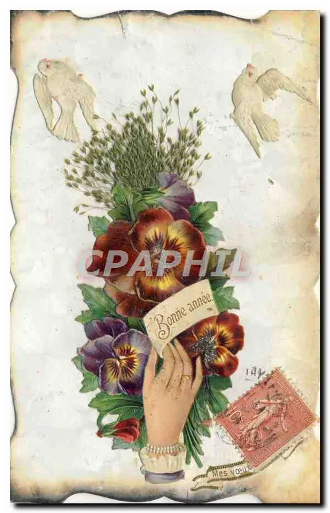 Bouquet de pensées et colombes — éditeur anonyme, n° de série non lisible - Frente