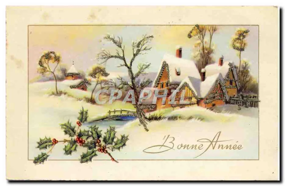Village enneigé — scène hivernale — 'Bonne Année' en écriture cursive - Recto