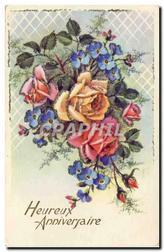 Arranjo de rosas e flores azuis — 'Feliz Aniversário' — editor não visível - Frente