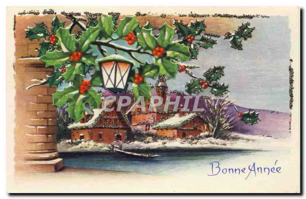 Village enneigé — décor de houx et lanterne — texte 'Bonne Année' en bas - Recto