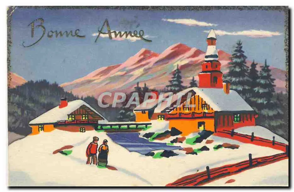 Paysage hivernal avec église — Bonne Année - Recto