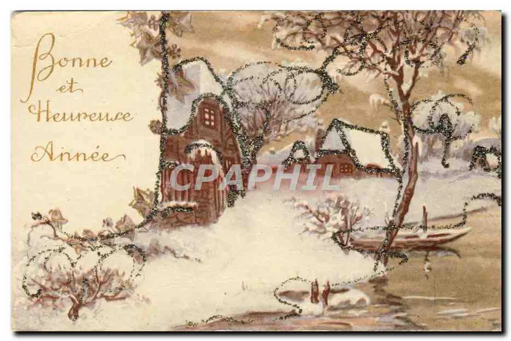 Paysage hivernal — maisons enneigées et rivière — éditeur non visible - Recto