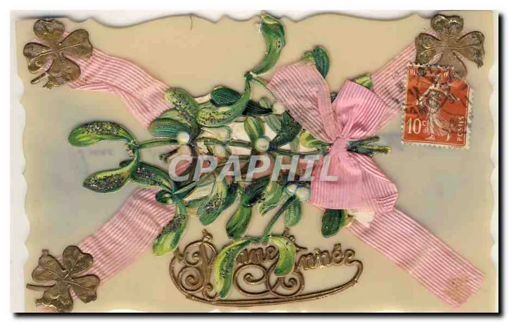 Mistletoe — decoração com fita rosa e trevo — editor desconhecido - Frente