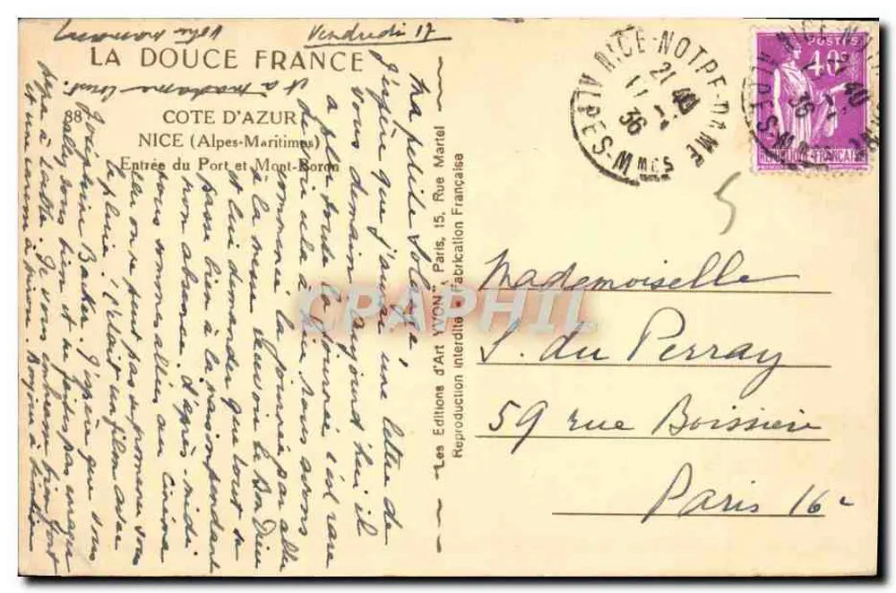 Entrada al Puerto y Mont-Boron — Costa Azul — Ediciones de Arte WEN, n°88 - Reverso
