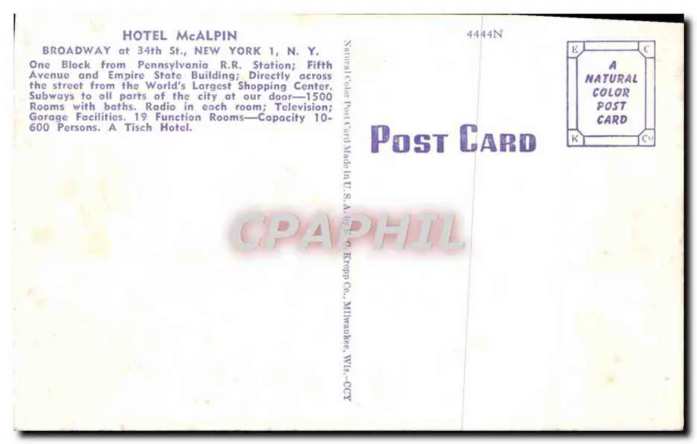 Hotel McAlpin — New York — uitgever Kropf Co. Milwaukee - Achterkant