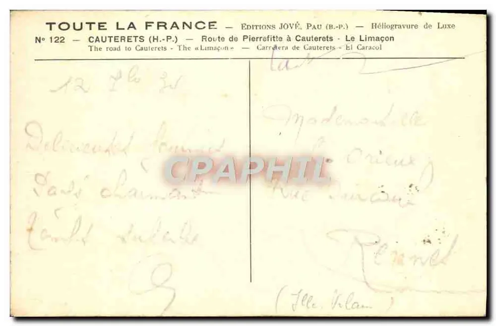 Rodovia de Pierrafitte para Cauterets — Le Limaçon — Edições Jové, Pau - Verso