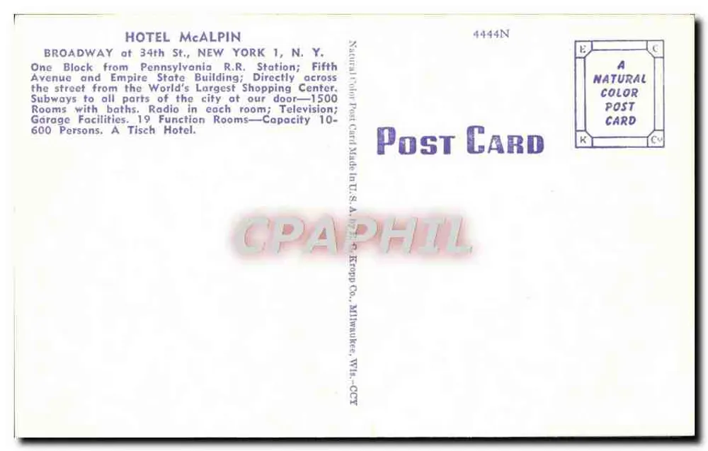 Hotel McAlpin — Nova Iorque — Tisch Co. Milwaukee - Verso