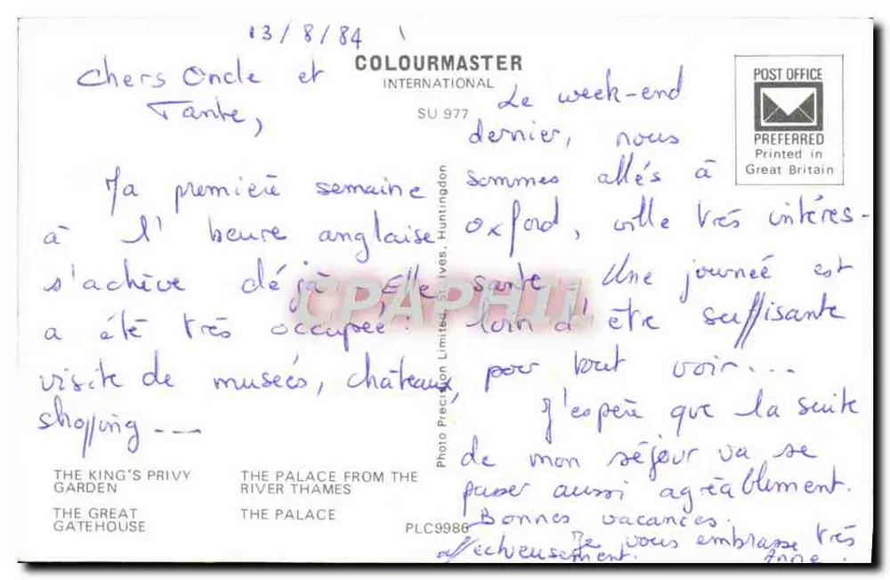 Hampton Court — zusammengesetzte Ansicht des Schlosses, der Gärten und des Palastes — Verlag COLOURMASTER INTERNATIONAL - Rückseite
