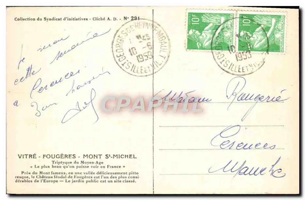 Castelo de Fougères — Ruínas de um donjon — Syndicat d'Initiatives - Verso