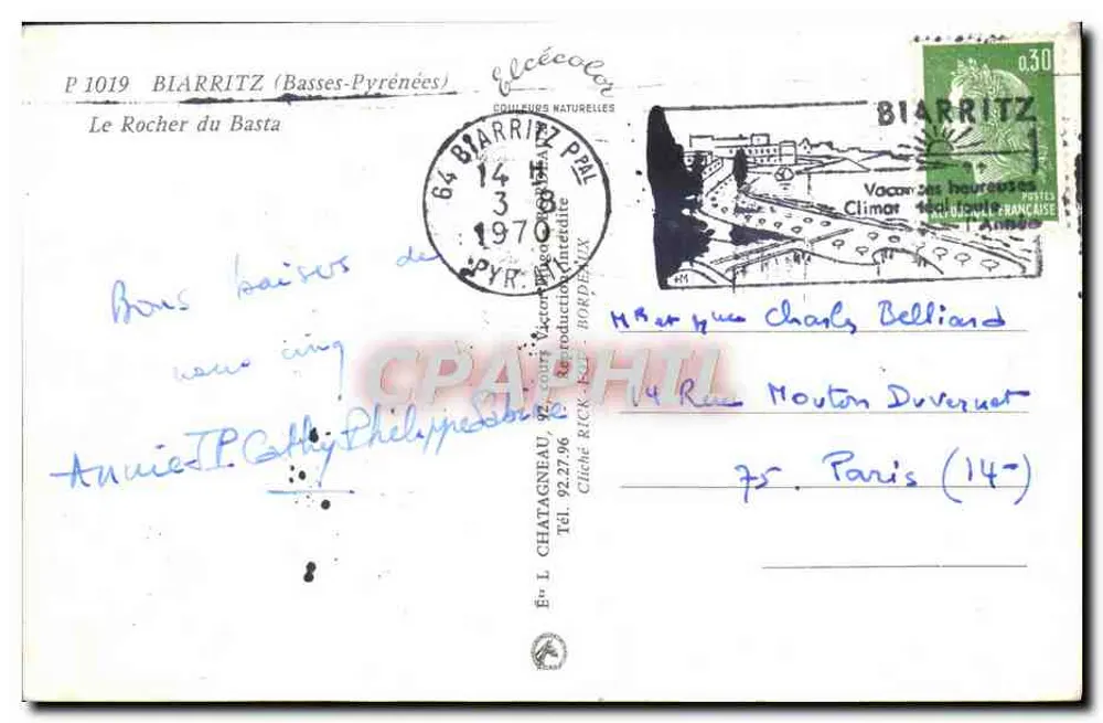O Rocher do Basta — Biarritz (Basses-Pyrénées) — Editor P 1019 - Verso
