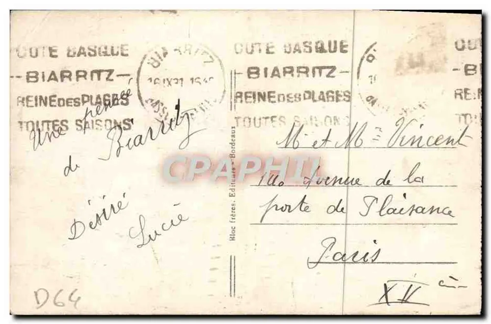Biarritz (Côte Basque) — A Grande Praia — BR. — Editor Bloc Frères, Bordeaux, n° 69 - Verso