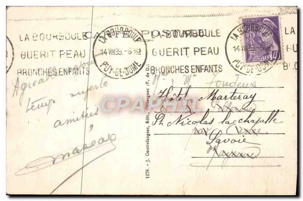 O Puy de Sancy — Aspecto Oeste — A Auvergne, editor J. Gouttefanges, n°1278 - Verso