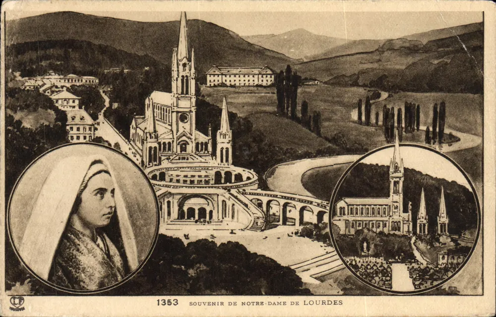Notre-Dame de Lourdes — vista panorámica con retratos — Héliogravure Labot frères, n°1353 - Anverso