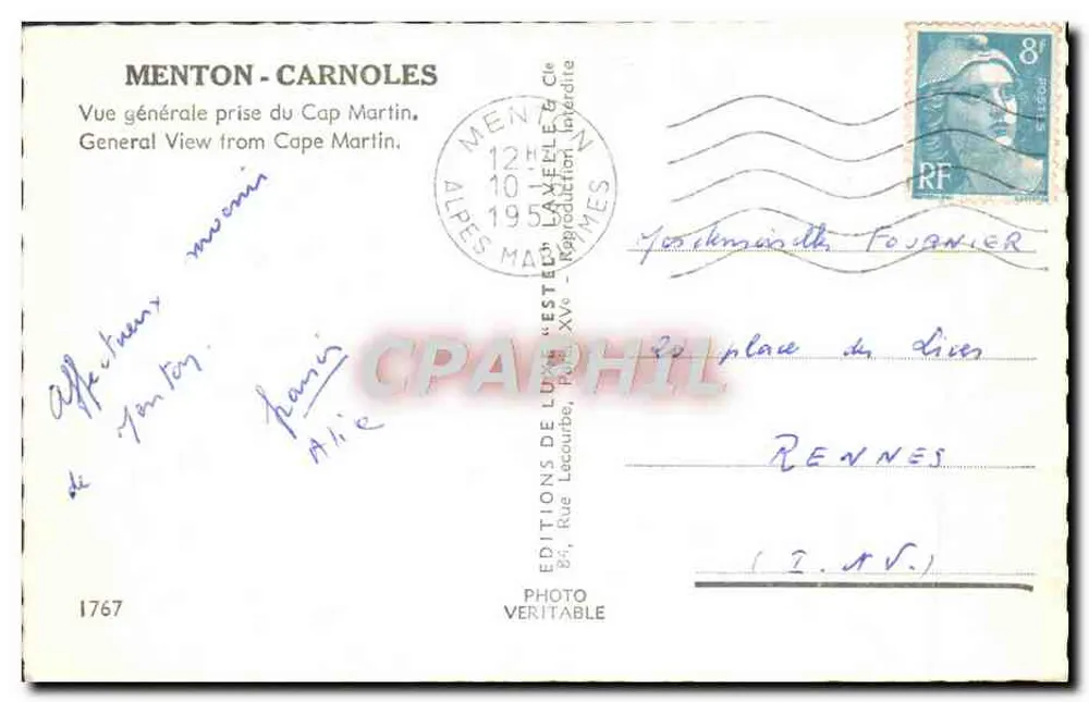 Menton - Carnoles — Visão geral tirada do Cap Martin — Estel - Verso