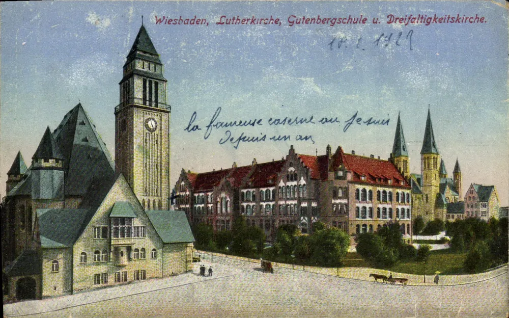 Wiesbaden, Igreja Luterana, Escola Gutenberg e Igreja da Santíssima Trindade — editor não visível, número de série não visível - Frente
