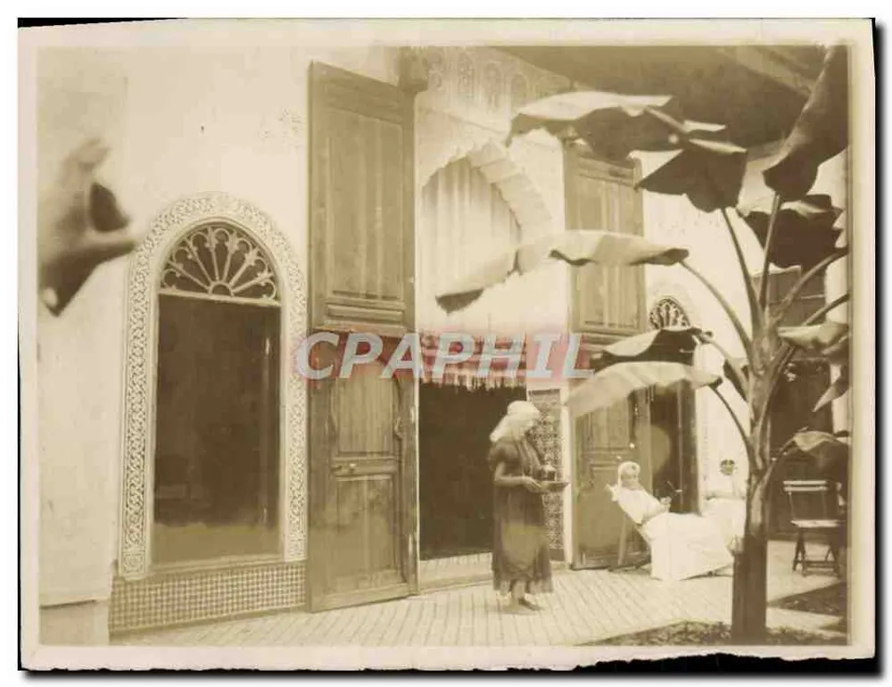 Scena di cortile interno — architettura marocchina e bananiera — senza editore né numero visibile - Recto