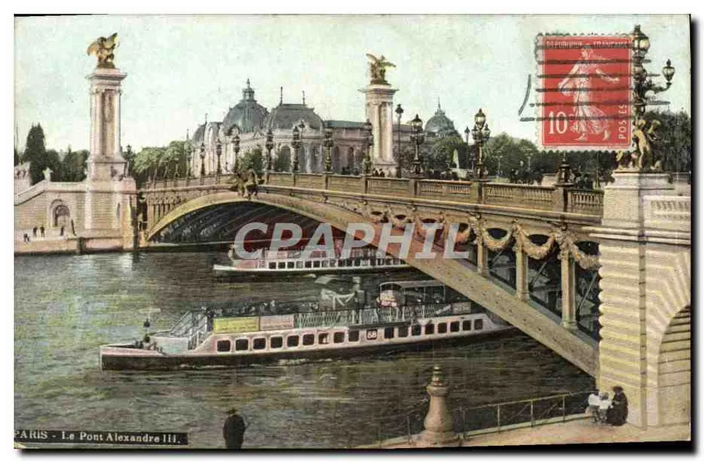 Paris - O Pont Alexandre III — vista do ponte e do barco sobre a Sena — editor não visível, n° de série 114 - Frente