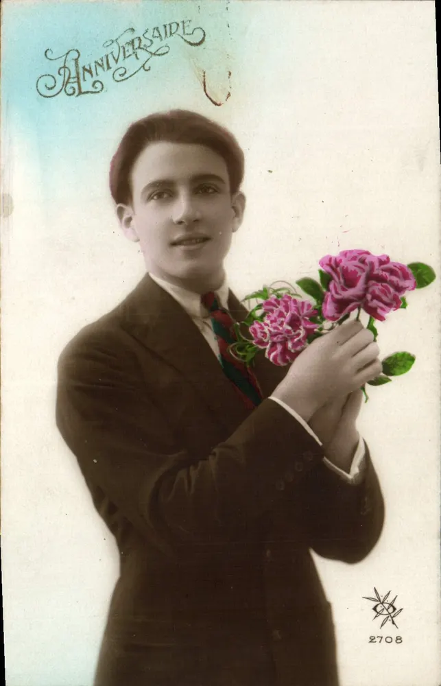 Junge Mann in Anzug — mit einem Rosenstrauß — Verlag Anniversaide, Nr. 2708 - Vorderseite