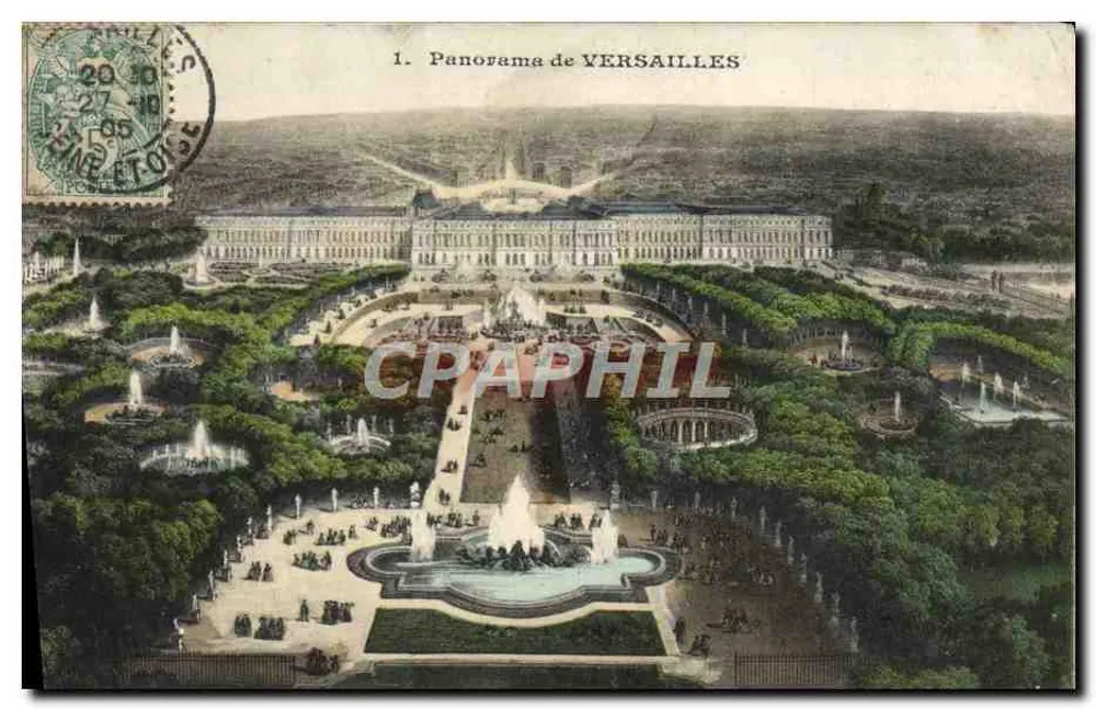 Panorama de VERSAILLES — vista aérea do castelo e dos jardins — A. Bourdier, editor, Versailles - Frente