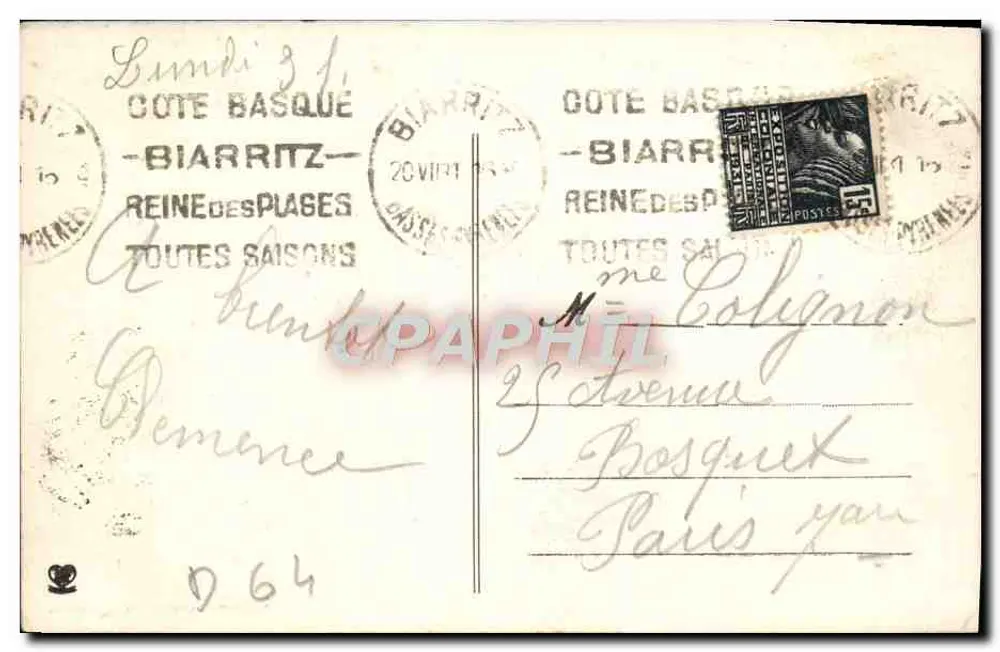 Biarritz - Rocher de la Vierge — editor Philippe & Cie, Toulouse, n° 1231 - Verso