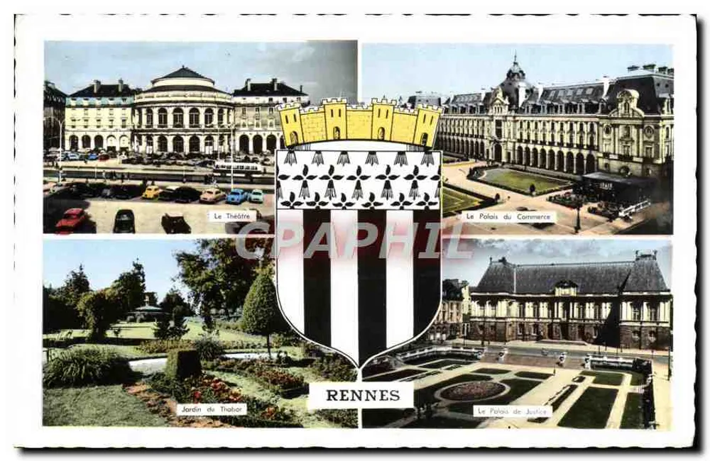 Rennes — Panoramablick mit dem Theater, dem Palast des Handels, dem Garten des Thabor und dem Palast der Justiz — Editions Gaby - Vorderseite