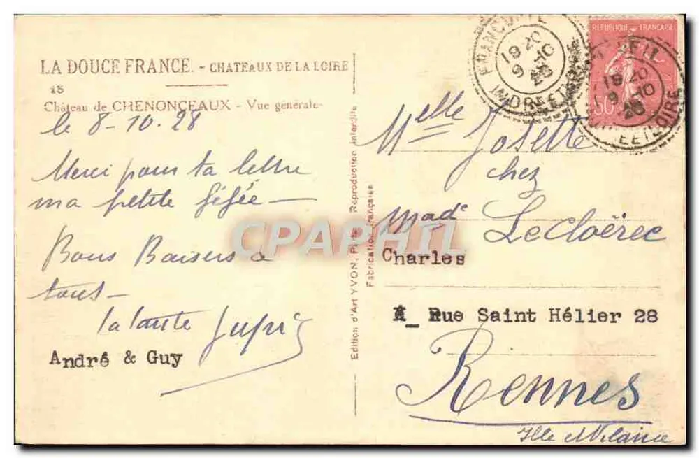 Zamek Chenonceaux — Ogólny widok — Wydawnictwo Art YVON, nr 15 - Rewers