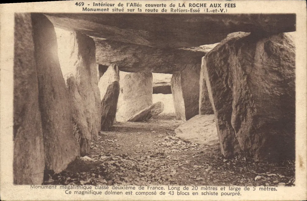 Innenansicht der überdachten Allee von LA ROCHE AUX FÉES — Megalithisches Denkmal, das zweitwichtigste Frankreichs — Foto A. Donias, Rennes, n°469 - Vorderseite