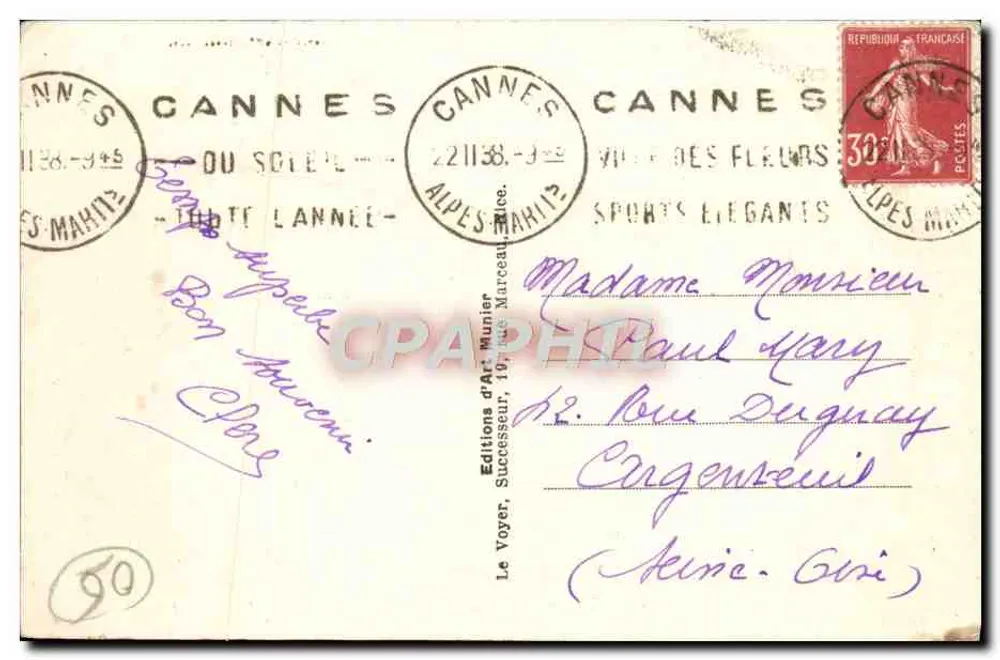 CANNES — Der Strand, das Kasino und der Mont-Chevalier — Foto Munier, n°257 - Rückseite