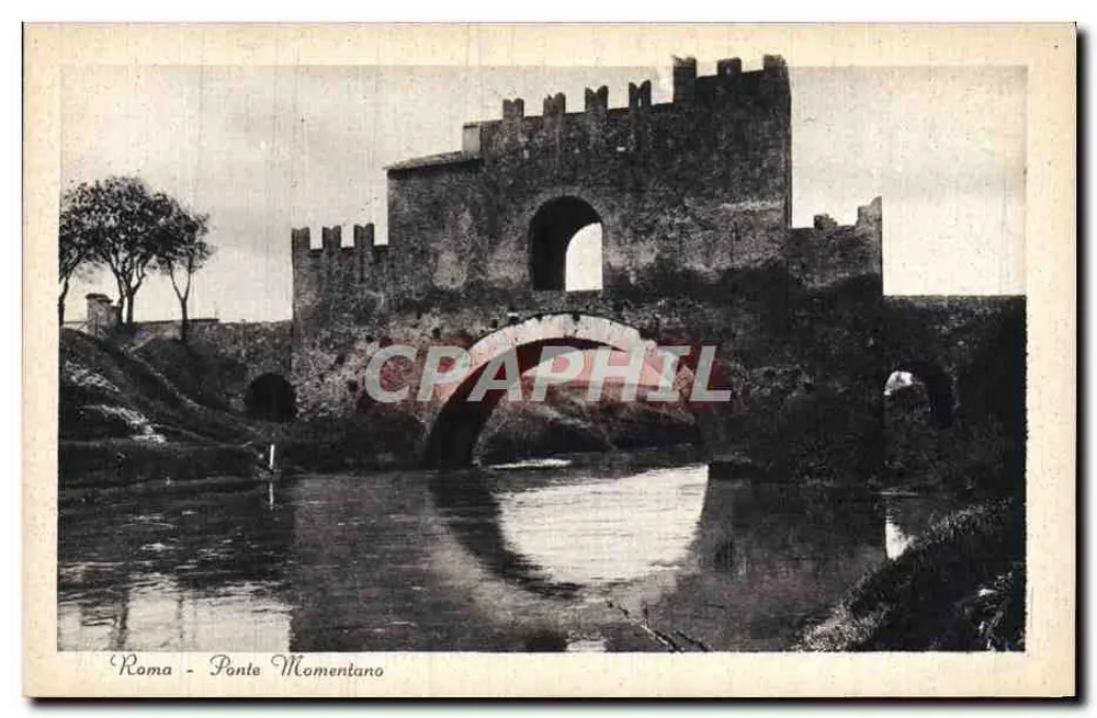 Roma - Ponte Momentano — vista em preto e branco de uma ponte de pedra com uma torre fortificada — texto impresso na parte inferior - Frente