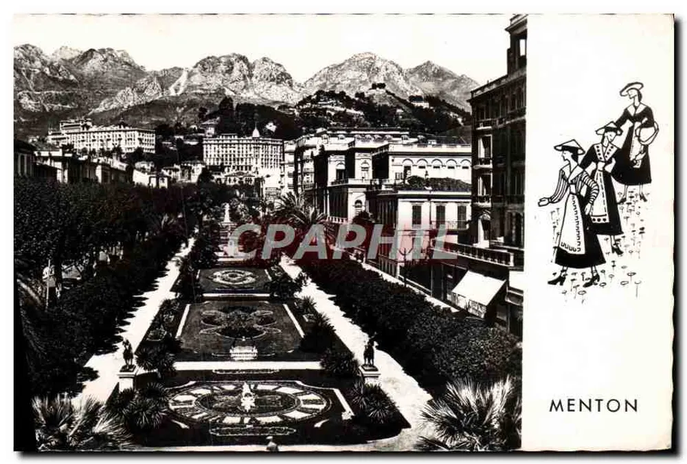 Menton — Der öffentliche Garten und die Berge von Sainte-Agnès — Éditions d'Art Montluet, Nice - Vorderseite