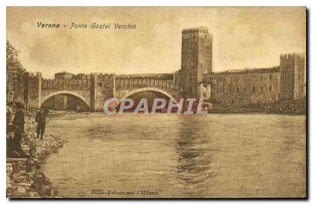 Verona - Ponte Gastel Vecchio — vista do ponte e da torre — Fotocromo Milano n°3025 - Frente