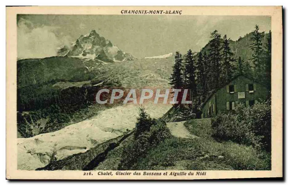 Chamonix-Mont-Blanc — Chalet, Glacier des Bossons und Aiguille du Midi — Aug. Cottet, phot. Verlag - Chamonix, n° 216 - Vorderseite
