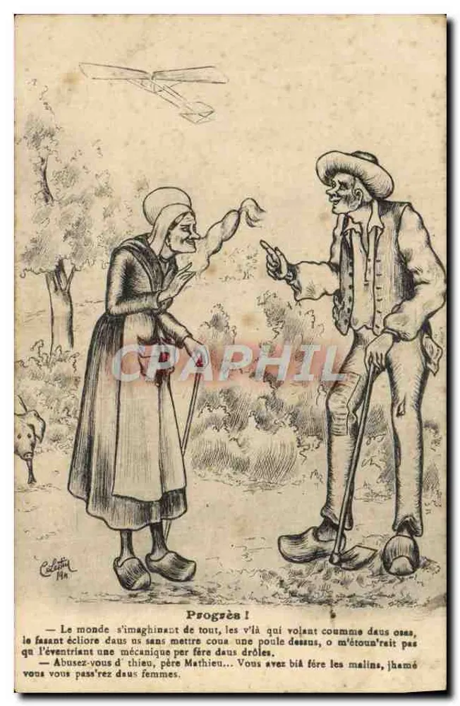 Progresso I — caricatura de dois personagens com botas de couro diante de um avião — desenho de C. Collet, 1914 - Frente