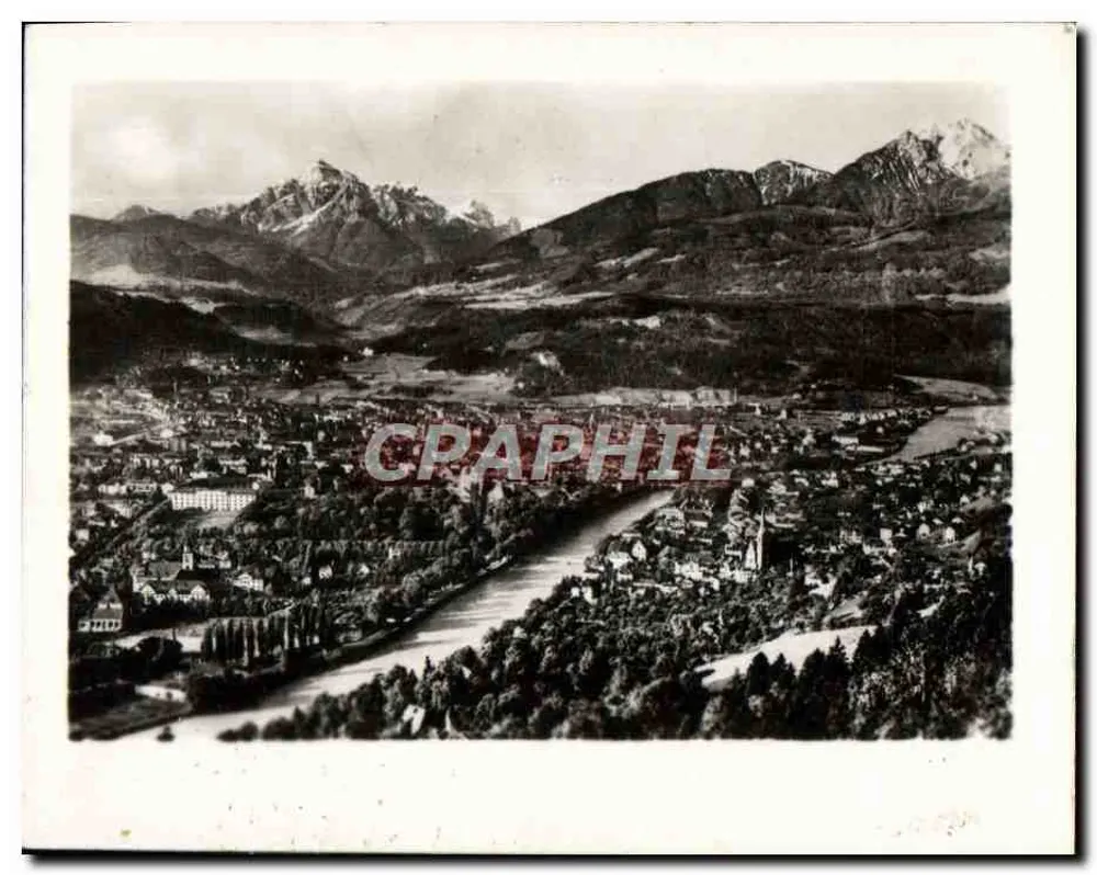 Innsbruck Ansicht von Süden — mit Serles (2719 m) und Nockspitze (2406 m) — T.K.V. - Vorderseite