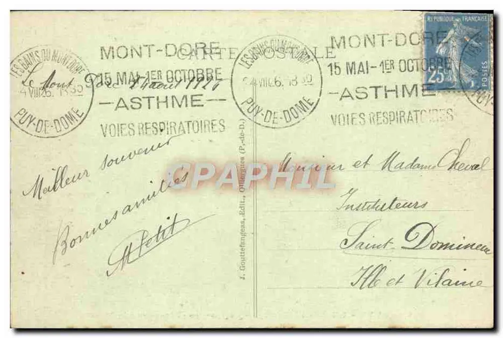 Mont-Dore — Das Casino und die großen Hotels — G. D'O. n° 924 - Rückseite