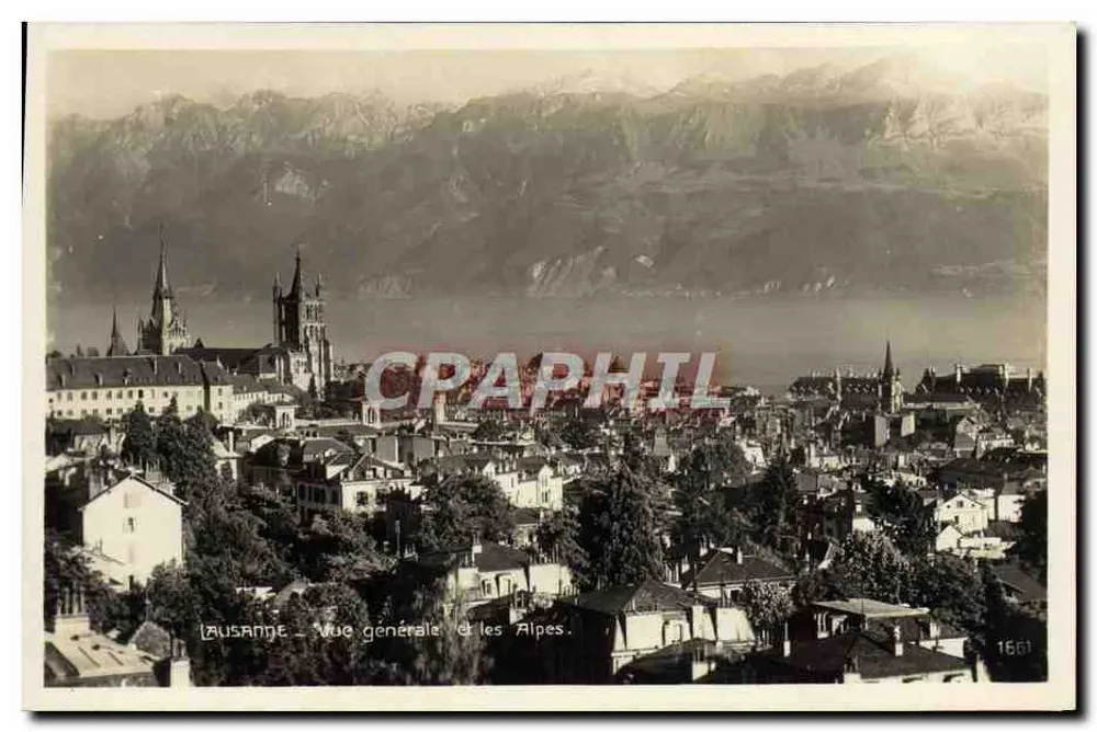 Lausanne — Vista geral e as Alpes — Edição Art. Perruau-Maïle, Lausanne - Frente