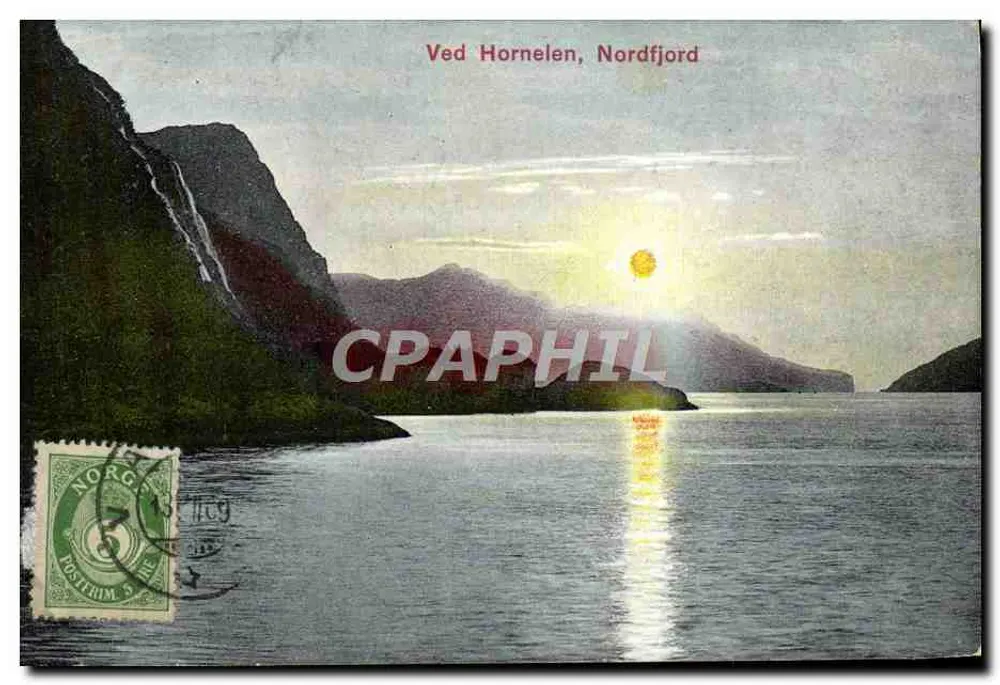Vista de Hornelen, Nordfjord — paisaje de fiordo al atardecer — n.º 839 - Anverso