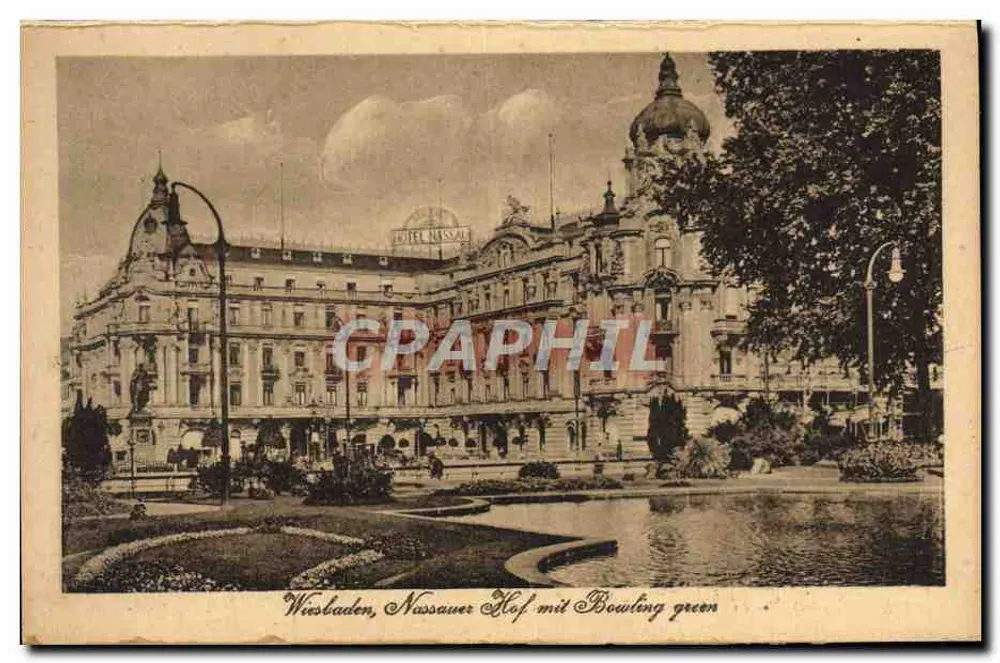 Wiesbaden, Nassauer Hof com green de boliche — editor M. Jacobs, Postkarten-Tering & M., série 203 n° 6 - Frente