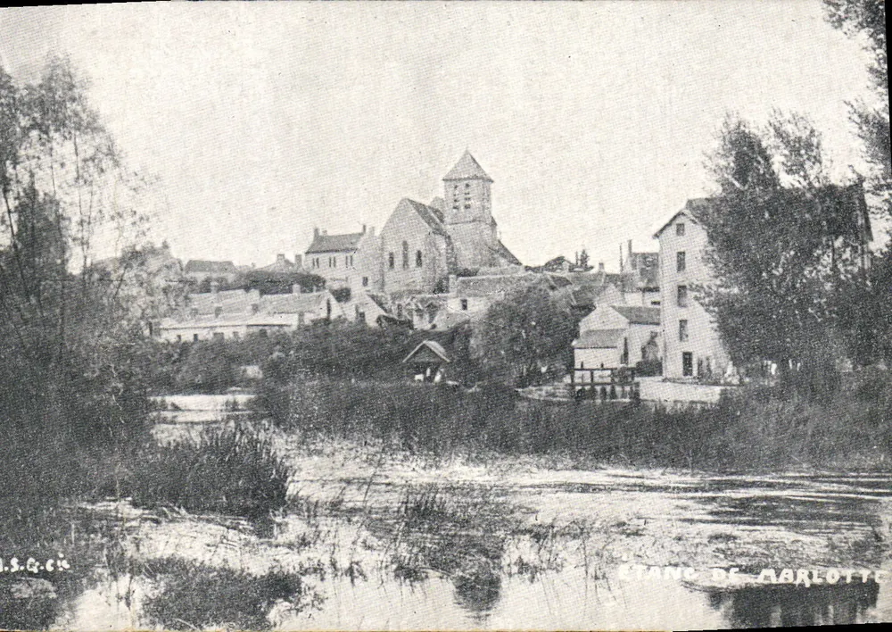 Étang de Marlotte — vue du village avec église et moulin — éditeur I.S.Q.C. & Cie - Frente