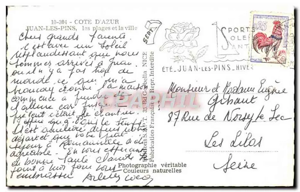 Juan-les-Pins — plage et la ville — Éd. G. Bella, 35 Rd G. T. NICE - Verso
