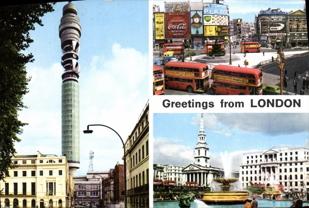 Londres — vista da Torre de Televisão, da Trafalgar Square e de um monumento — John Hinde Studios, n° 3L 73 - Frente